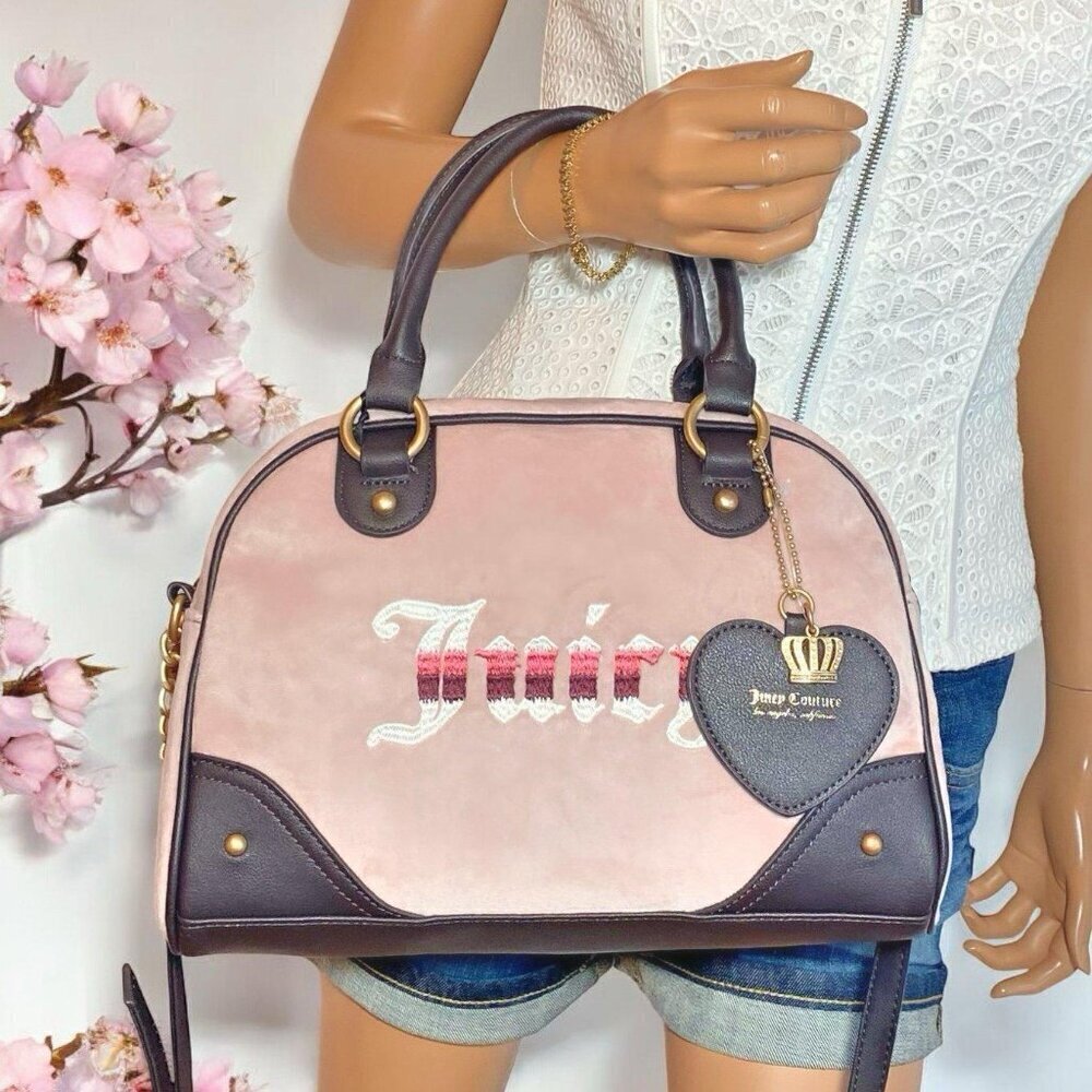 Juicy Couture Retro Vibe Pink Velour Brown Trim with Heart Charm Satchel Bag NWT - Picture 3 of 10